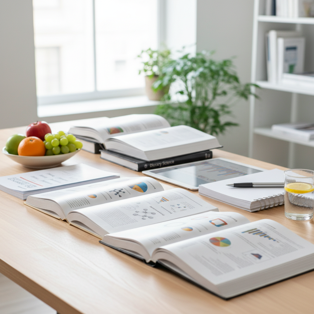 Open books and nutritional reference materials on a clean desk representing research and information literacy