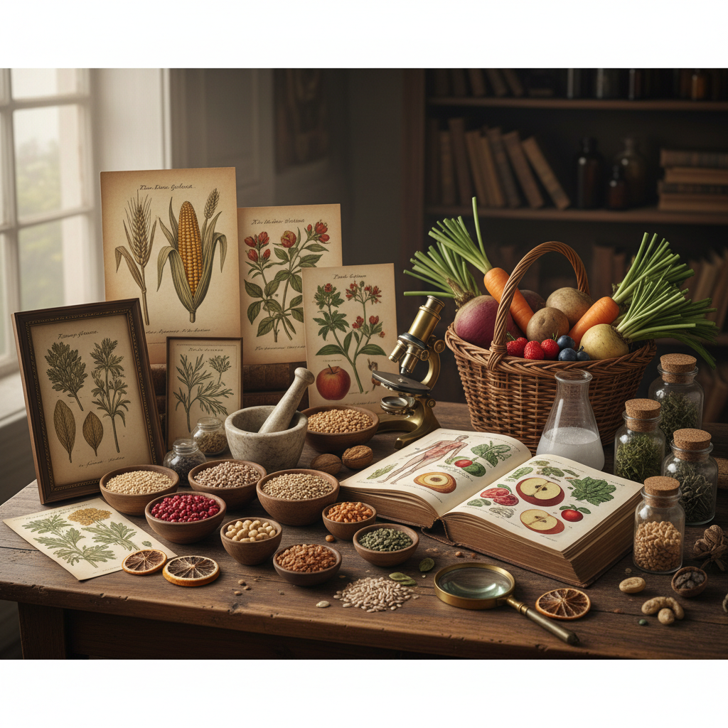 Vintage botanical illustrations and natural food ingredients representing the historical study of nutrition