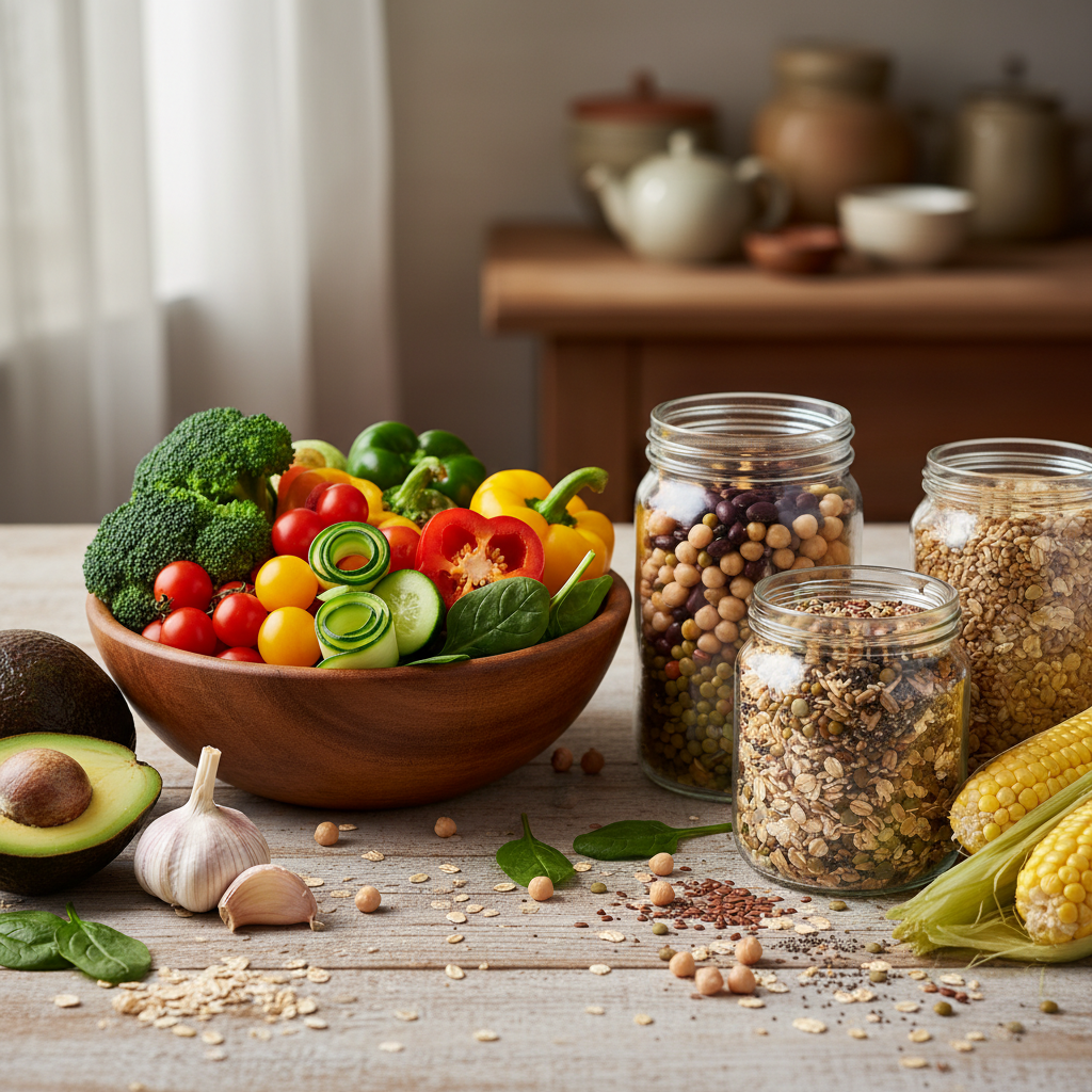 Assortment of fresh vegetables, legumes, and whole grains representing metabolic health foods